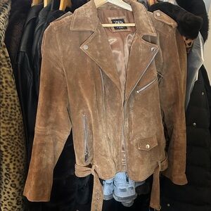 ZARA Genuine Suede Brown Biker Jacket with Zip Details